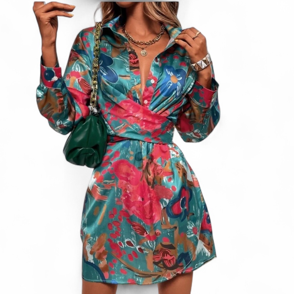 Floral Button-Up Dress with Tie Waist